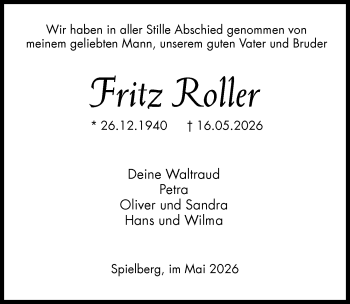 Traueranzeige von Fritz Roller von Schwarzwälder Bote