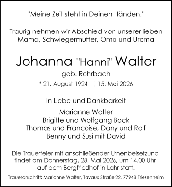 Traueranzeige von Johanna Walter von Schwarzwälder Bote