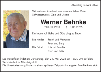 Traueranzeige von Werner Behnke von Schwarzwälder Bote