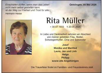 Traueranzeige von Rita Müller von Schwarzwälder Bote