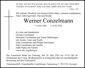 Traueranzeige von Werner Conzelmann von Schwarzwälder Bote