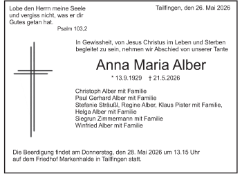Traueranzeige von Anna Maria Alber von Schwarzwälder Bote