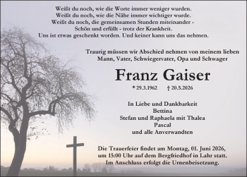 Traueranzeige von Franz Gaiser von Schwarzwälder Bote