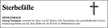 Traueranzeige von Sterbefälle vom 28.05.2026  von Schwarzwälder Bote