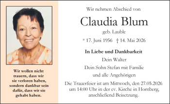 Traueranzeige von Claudia Blum von Schwarzwälder Bote