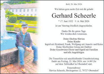 Traueranzeige von Gerhard Scheerle von Schwarzwälder Bote