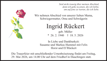 Traueranzeige von Ingrid Rückert von Schwarzwälder Bote