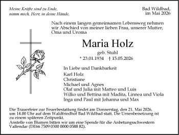 Traueranzeige von Maria Holz von Schwarzwälder Bote
