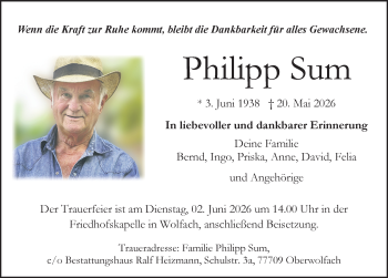 Traueranzeige von Philipp Sum von Schwarzwälder Bote
