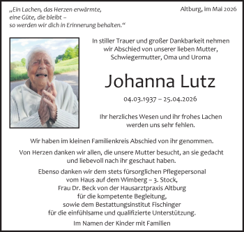 Traueranzeige von Johanna Lutz von Schwarzwälder Bote