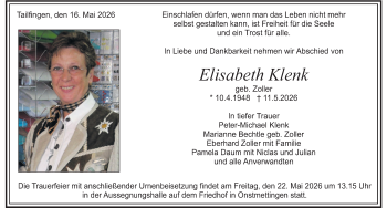Traueranzeige von Elisabeth Klenk von Schwarzwälder Bote