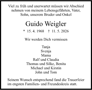 Traueranzeige von Guido Weigler von Schwarzwälder Bote