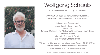 Traueranzeige von Wolfgang Schaub von Schwarzwälder Bote
