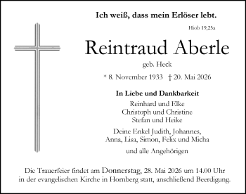 Traueranzeige von Reintraud Aberle von Schwarzwälder Bote