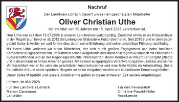 Traueranzeige von Oliver Christian Uthe von Schwarzwälder Bote