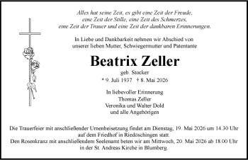 Traueranzeige von Beatrix Zeller von Schwarzwälder Bote