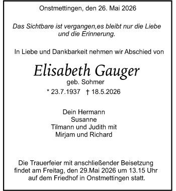 Traueranzeige von Elisabeth Gauger von Schwarzwälder Bote