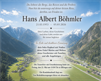 Traueranzeige von Hans Albert Böhmler von Schwarzwälder Bote