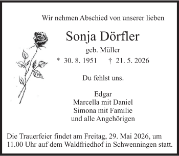 Traueranzeige von Sonja Dörfler von Schwarzwälder Bote