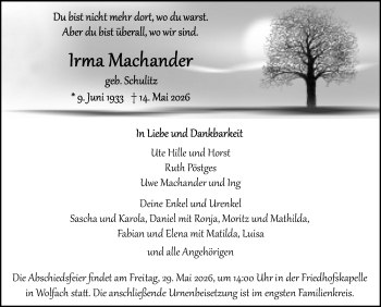 Traueranzeige von Irma Machander von Schwarzwälder Bote