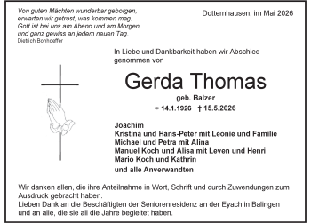 Traueranzeige von Gerda Thomas von Schwarzwälder Bote