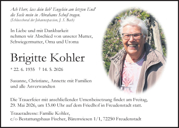 Traueranzeige von Brigitte Kohler von Schwarzwälder Bote