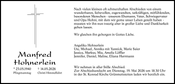 Traueranzeige von Manfred Hohnerlein von Schwarzwälder Bote