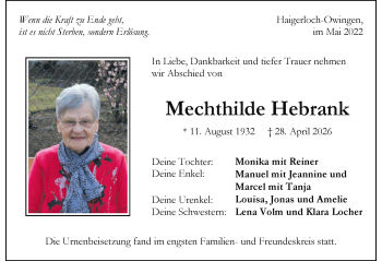Traueranzeige von Mechthilde Hebrank von Schwarzwälder Bote
