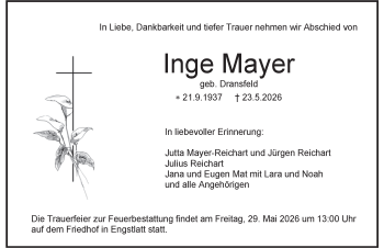 Traueranzeige von Inge Mayer von Schwarzwälder Bote
