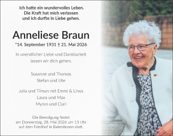 Traueranzeige von Anneliese Braun von Schwarzwälder Bote