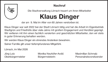 Traueranzeige von Klaus Dinger von Schwarzwälder Bote