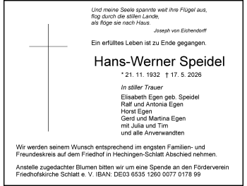 Traueranzeige von Hans-Werner Speidel von Schwarzwälder Bote