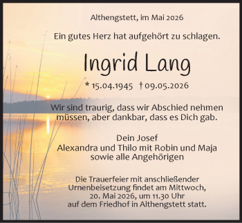 Traueranzeige von Ingrid Lang von Schwarzwälder Bote