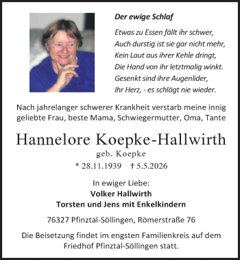 Traueranzeige von Hannelore Koepke-Hallwirth von Schwarzwälder Bote