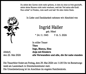 Traueranzeige von Ingrid Haller von Schwarzwälder Bote