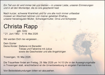 Traueranzeige von Christa Rapp von Schwarzwälder Bote