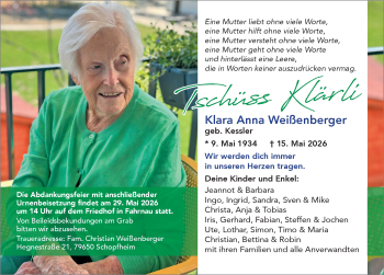 Traueranzeige von Klara Anna Weißenberger von Schwarzwälder Bote