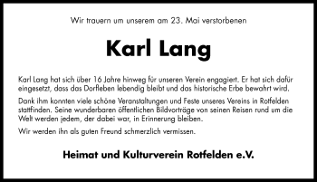 Traueranzeige von Karl Lang von Schwarzwälder Bote