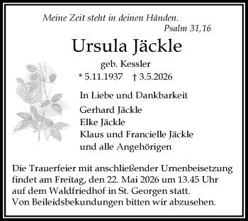 Traueranzeige von Ursula Jäckle von Schwarzwälder Bote