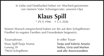 Traueranzeige von Klaus Spill von Schwarzwälder Bote