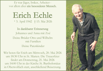 Traueranzeige von Erich Echle von Schwarzwälder Bote
