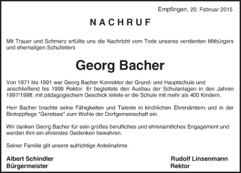 Traueranzeige von Georg Bacher von Schwarzwälder Bote