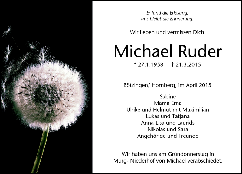 Traueranzeigen von Michael Ruder | Schwarzwälder Bote Trauer