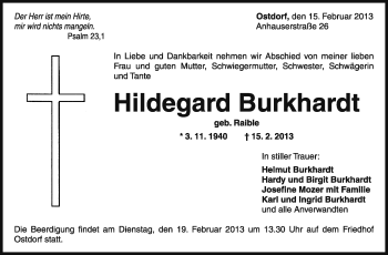 Traueranzeige von Hildegard Burkhardt von Schwarzwälder Bote