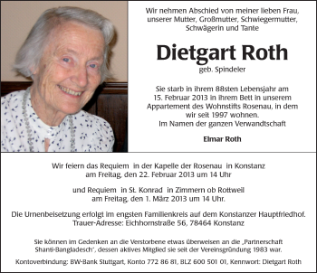 Traueranzeige von Dietgart Roth von Schwarzwälder Bote
