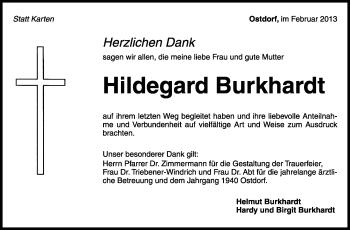 Traueranzeige von Hildegard Burkhardt von Schwarzwälder Bote