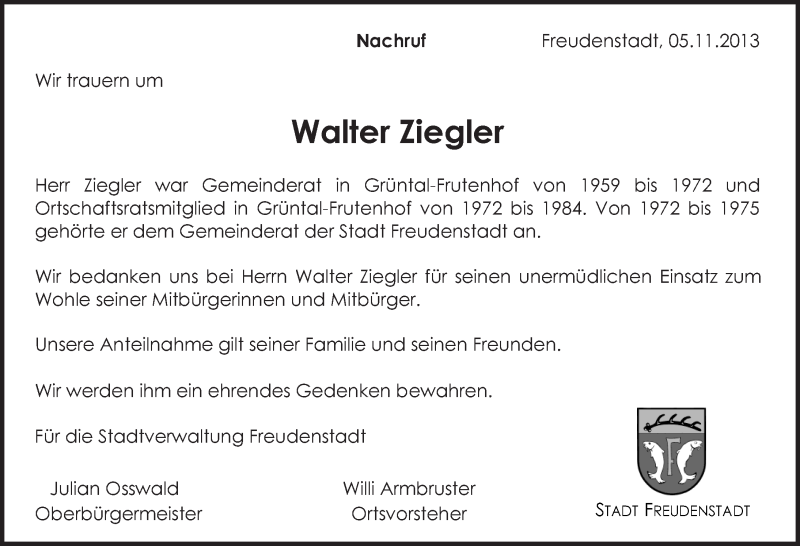 Traueranzeigen von Walter Ziegler Schwarzwälder Bote Trauer