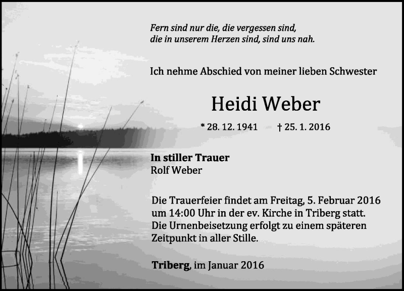  Traueranzeige für Heidi Weber vom 02.02.2016 aus Schwarzwälder Bote