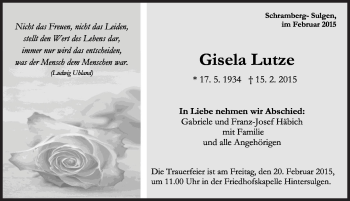 Traueranzeige von Gisela Lutze von Schwarzwälder Bote