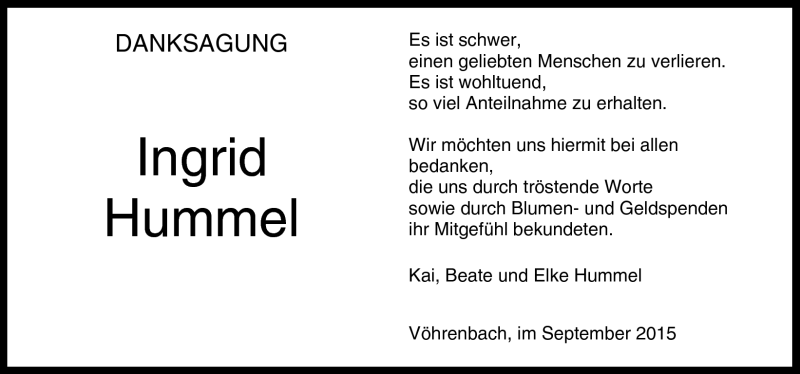  Traueranzeige für Ingrid Hummel vom 04.09.2015 aus Schwarzwälder Bote